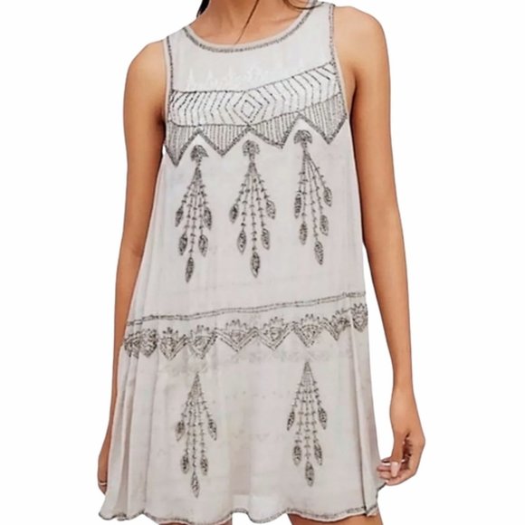 Free People Dresses & Skirts - Free People Delilah Shift Dress Beaded Tan Crinkle Sleeveless Mini Medium M